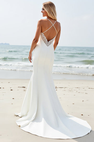 Simple Ivory Satin Mermaid Wedding Dress with Slit